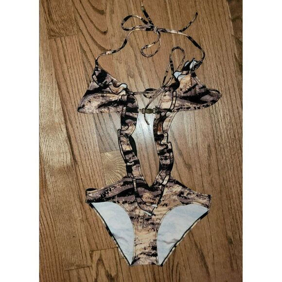 KARDASHIAN KOLLECTION Animal Print Plunge Mono Kini Women's Size Small - Picture 2 of 4